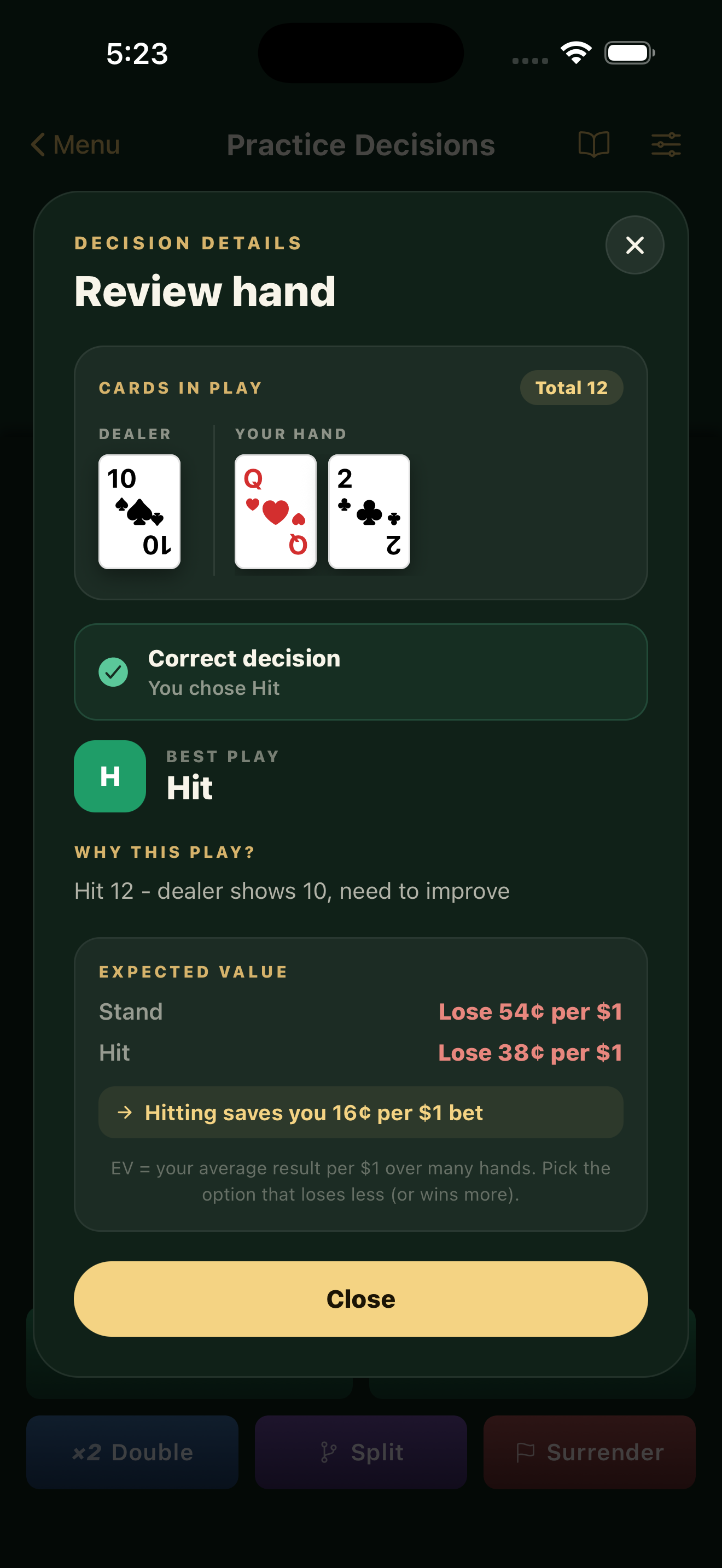 TwentyOne hand review with expected value feedback